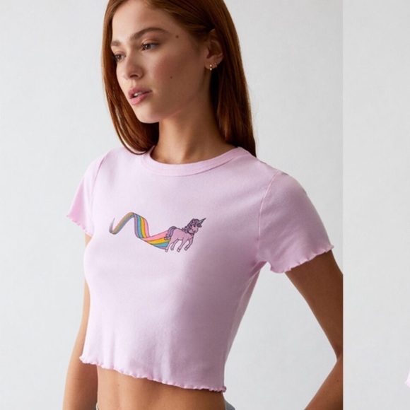 PacSun LA Pink Unicorn Dreams Cropped Tee Shirt Large - Picture 1 of 9